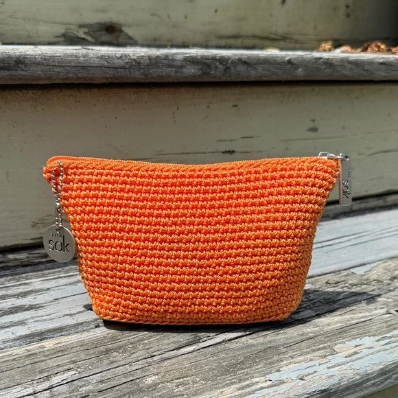 The Sak Bright Orange woven crochet Clutch case cosmetic makeup bag boho purse - Picture 4 of 9